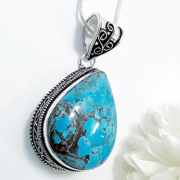 Turquoise Pendant Necklace Sterling Silver 925 Vintage Style Pear New - Picture 1 of 6